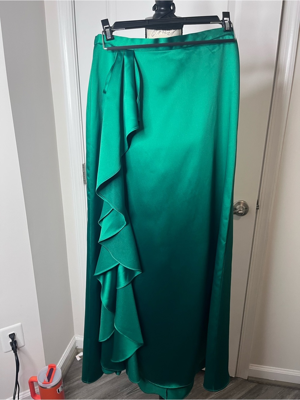 Ieena by Mac Duggal Satin Teal Midi Skirt with Cascading Ruffle size 2 NWT
